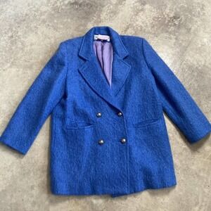 Wayne Stuart Blazer Womens Sz 10 Blue Wool Mohair Vtg Double Breasted Mid Length